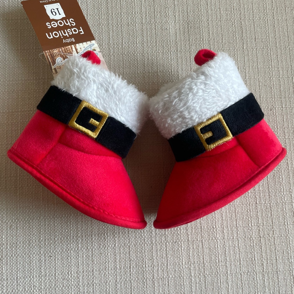 Size 6-12 month red and black Santa booties.